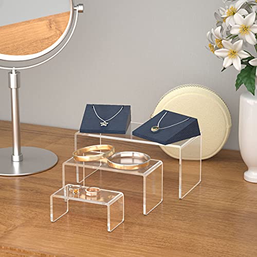 HIIMIEI Acrylic Risers for Display Clear 3-Tier Risers Stands Showcase for Amiibo Funko Pop Figures, Dessert, Jewelry-8.4"x 6.3"x 4.3" (2 Sets) - size: 8.4"x6.3"x4.3"