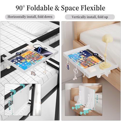 Foldable Bedside Shelf, Metal Clip-On Bed Tray Table for Bunk Bed & Dorm Beds, Dorm Room Essentials Organizer for College Students, Floating Tray, Space Saving Nightstand for Loft Beds (White, Large) - color: White, size: Large