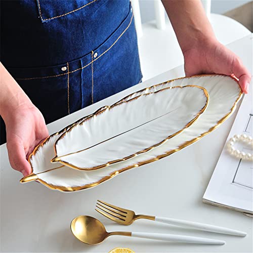 Creative Luxury Feather Storage Tray Ceramic Fruit Cake Dessert Tableware Dish Organizer Jewelry Decorative Serving Tray Set (10‘’/26cm, White) - color: White, size: 10‘’/26cm