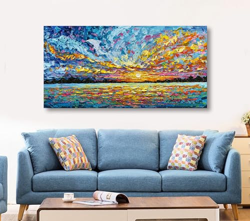 Art 30x60 Inch Hand-Painted Sea Sunrise Landscape Modern Abstract Oil Painting Large Canvas Art Hall Bedroom Office Wall Decoration - color: Yi048