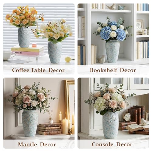 BEAHOT Ceramic Vases Set of 3 – 6.7-inch Handmade Blue & White Pottery Trio with Speckled Glaze – Decorative Flower Vases Home Decor for Table Mantel Entryway Shelf Living Room Kitchen Bathroom - size: Blue White 3 set