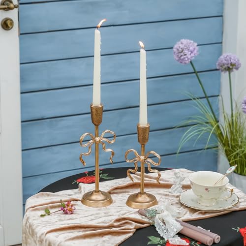 NIKKY HOME Gold Bow Iron Taper Candle Holders Set of 2, Vintage Decorative Candlesticks Centerpieces Decor for Dining Room Table Wedding Party Mantle Fireplace Housewarming Gift