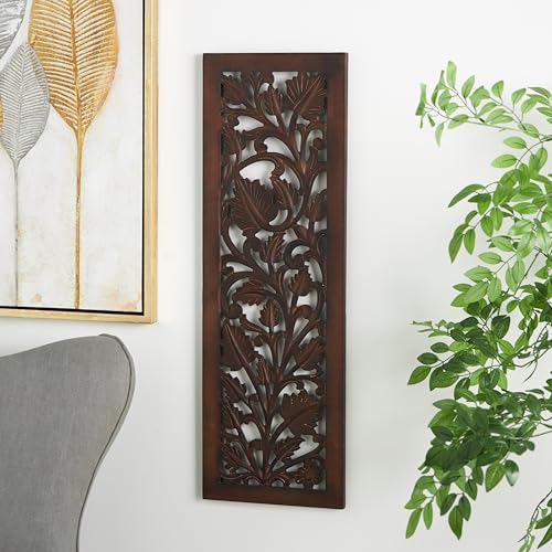 Deco 79 Wooden Floral Handmade Home Wall Decor Intricately Carved Acanthus Wall Sculpture, Wall Art 12" x 1" x 36", Brown - color: Brown