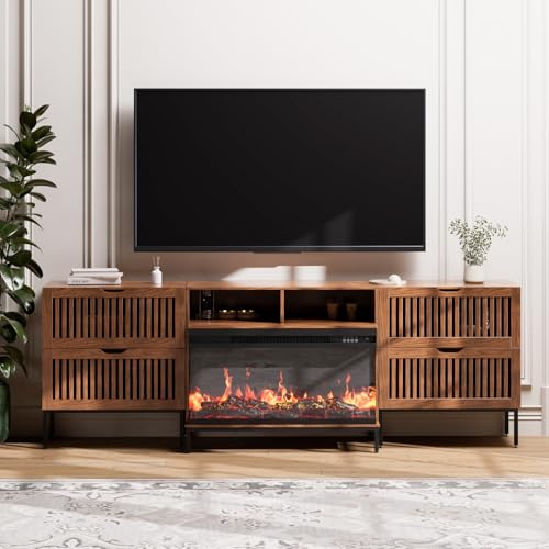 BVIUNTWO 3-Sided Glass Farmhouse Fireplace TV Stand for TVs Up to 100 Inch, Entertainment Center with 36" Electric Fireplace, 4 Drawers Storage,Brown - color: Brown