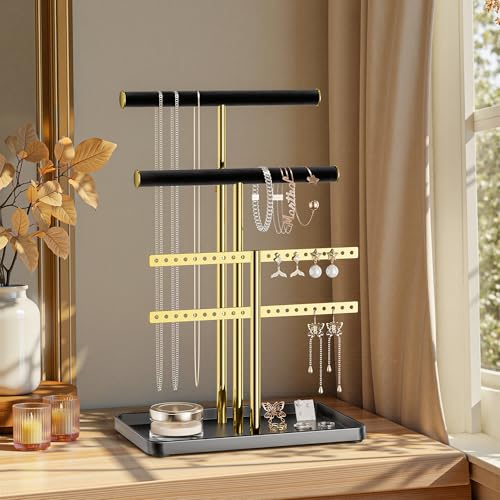 pickpiff Jewelry Holder Organizer with Velvet, Adjustable 10"-17" Tall, Metal Stand for Display Bracelet, Necklace, Earrings, Rings, Black and Gold - color: Gold and Black