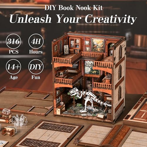 DIY Book Nook Kit, 3D Wooden Puzzle Miniature House Kit with LED Light, Dinosaur Fossil Museum Bookend Dollhouse, Creative Arts & Crafts Project for Adults and Teens Age 14+ (Fossil Museum)