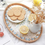 13 Inch Decor Tray for Coffee Table Mother of Pearl Inlay Serving Tray for Ottoman Wicker Centerpiece Decorative Tray for Candle Holder, Flower, Fruit, Bread (Medium)