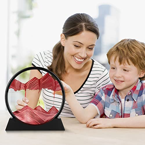 Moving Sand Art Picture - 3D Quicksand Painting Decor - Round Glass 3D Deep Sea Sandscape - Relaxing Home Decoration Desk Toys for Home Office Desk Mantle Bookshelf- (Red, 7 in) - color: Red, size: 7"