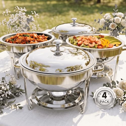 Chafing Dishes for Buffet, 4 Pack 5QT Round Stainless Steel Chafing Dish Set for Home Parties, Christmas Gatherings, Catering Events Complete Buffet Warmer Set (Silver 4) - color: Silver 4