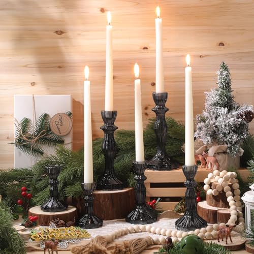 Mumufy 6 Pcs Taper Candle Holders Glass Candlestick Holder Fit 0.8 Inch Candles 4'' 6'' 8'' Tall Crystal Decorative Candlestick Stand Centerpiece for Wedding Proposal Decoration (Black) - color: Black