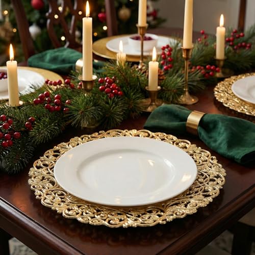 13inch Round Gold Charger Plates,Plastic Plate Chargers Set of 8,Chargers for Dinner Plates,Gold Plates for Wedding,Party,Event Decoration - color: Hollow Gold