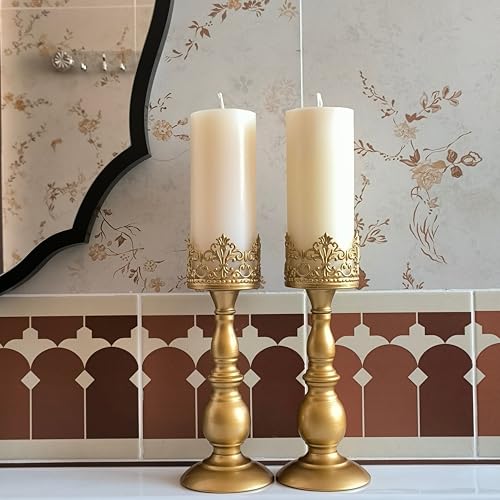 Candle Holders for Pillar Candles Gothic Matte Gold Vintage Tall Candle Holders Set of 2 Decorative Large Table Centerpieces Candle Stand Decor (Matte Gold 2PCS A) - color: Matte Gold 2pcs a