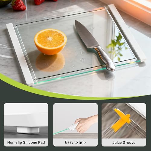 Tempered Glass Cutting Board Set for Kitchen Counter - Dishwasher Safe with Juice Grooves, Non-Slip Silicone Edges & Beveled Grip - 16"x12" & 12"x8" Serving Tray (White-2PCS) - color: White-2PCS