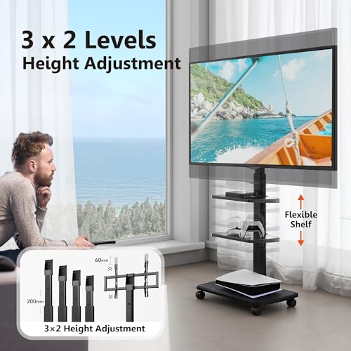 FITUEYES Rolling TV Stand with Power Outlets, Swivel Portable TV Stand for 32-70 Inch LCD LED OLED Flat/Curved Panel Screen TVs, Height Adjustable&Wood Base, Mobile TV Cart with 2 Shelves, Black - color: Black, style: With Wheels & Power Strip