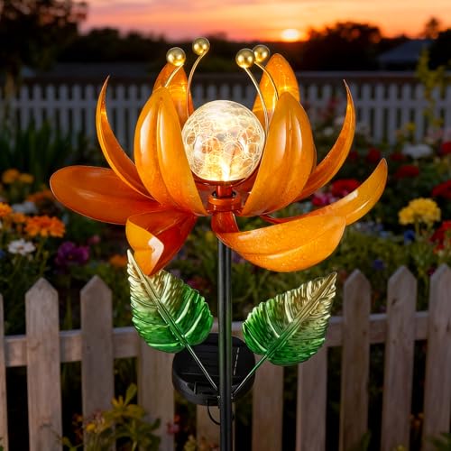 AIINY Outdoor Solar Lights Garden Decor,Wind Spinner Yard Decorations for Outside, Lotus Garden Windmill with LED Cracked Crystal Waterproof Flower Sculpture for Patio Lawn Gardening Gifts - color: Passionate Orange