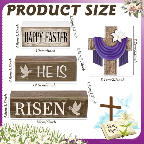 Yuntau 4 Pcs Easter Decorations He Is Risen Wooden Sign Christian Table Centerpiece Religious Cross Tiered Tray Decor Decorative Faux Book Stack Block for Table Fireplace Mantel Floating Shelf - style: Easter