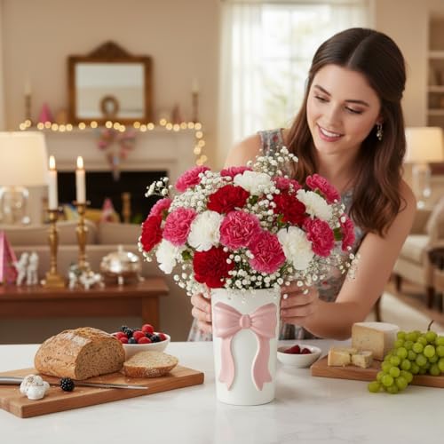 Pen Holder Bow Vase, White Flower Vase for Home Decor, White and Pink Ceramic Vases for Boho Style, Large Vases for Ideal Shelf Decor/Table/Living Room. (Pink 4, Large) - color: Pink 4