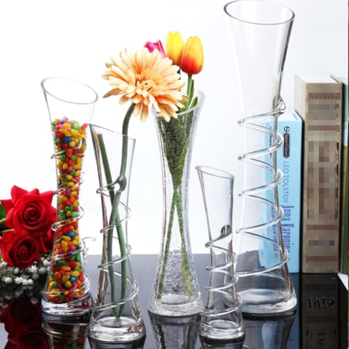 Hand-Made Blown Art Bud Glass Vase, Clear Glass, Oblong Shape, Modern Style, Thread Pattern, Stemless, Perfect for Home Decorations