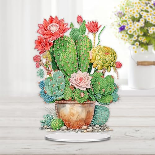 5D Tabletop Diamond Art Kit Cactus Pot, Stand Up Special Shaped Crystal Diamond Art Desktop Kits for Adults, DIY Diamond Art Painting Kits Craft Gift (Green) - color: Cactus Pot