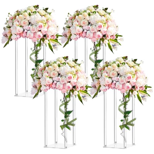 Geetery 4 Pieces Tall Acrylic Vase Wedding Centerpieces Clear Flower Stand Column Geometric Floral Vase Elegant Display Holder for Birthday Party Wedding Table Decorations (16 Inch) - size: 16 Inch