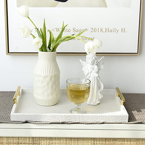 Set of 2 Modern Elegant Large Wood Serving Tray, Rectangle Decorative Tray Ottoman Tay Coffee Table Tray, Pearl White Crocodile Leather with Gold Polished Metal Handles - style: White Crocodile Tray