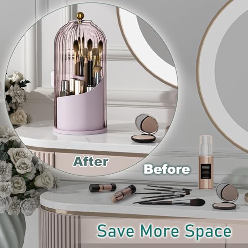 GAXmi Makeup Brush Holder with Lid Cosmetic Tools Organizer 360 Rotating Waterproof Dustproof Beauty Brushes Storage for Vanity, Pink-Purple - color: Pink-Purple
