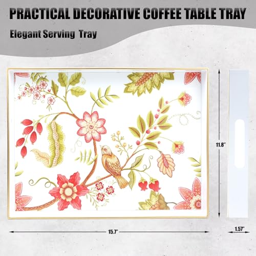 Spsyrine Decorative Serving Tray with Handles, White Lacquered Coffee Table Tray for Ottoman, Rectangle Waterproof Platters for Centerpieces, Parties, Living Room, Kitchen Counter Organization - color: White-bird, size: 16" x 12" x 1.6"