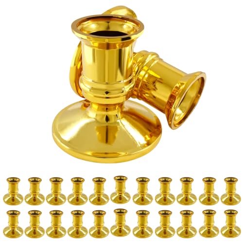 Waziaqoc 24Pcs Gold Taper Candle Holders, Plastic Candlestick Holders Only for Flameless LED Candle Decorative Pillar Candle Holder for Christmas Wedding Anniversary Dinner Party - color: Gold