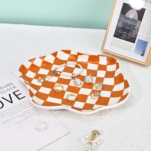 Koythin Jewelry Tray, Ceramic Jewelry Dish Trinket Tray Organizer, Checkered Pattern Aesthetic Decorative for Kitchen, Bathroom, Birthday Gift (Brown Plaid) - color: Brown Plaid