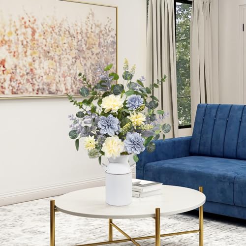 Krissing Fake Flowers in Vase, 24.5" Tall Artificial Floral Arrangement with Metal Pot Blue Silk Faux Hydrangea Flowers Greenery Stems for Table Centerpieces Home Kitchen Spring Decor - color: Blue