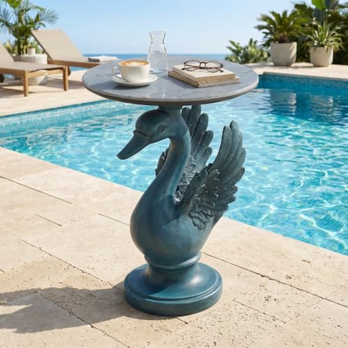 Luxurious Swan Side Table - 20" Premium Faux Marble Accent Table with Hand-Finished Resin Swan Statue Base - High-End Round End Table for Upscale Living Room, Master Suite - Tool-Free - color: Blue Swan