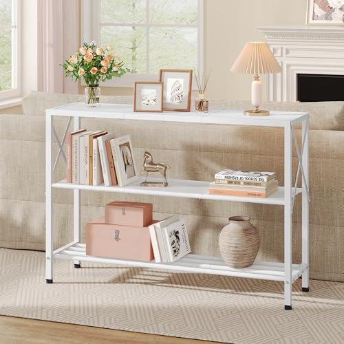 Hoctieon White Industrial Console Table, 3 Tier Entryway Tables, Hallway Desk, Narrow Sofa Tables with Shelves, Entrance Table for Entryway, Living Room, Foyer, Hallway, Office, White - color: White