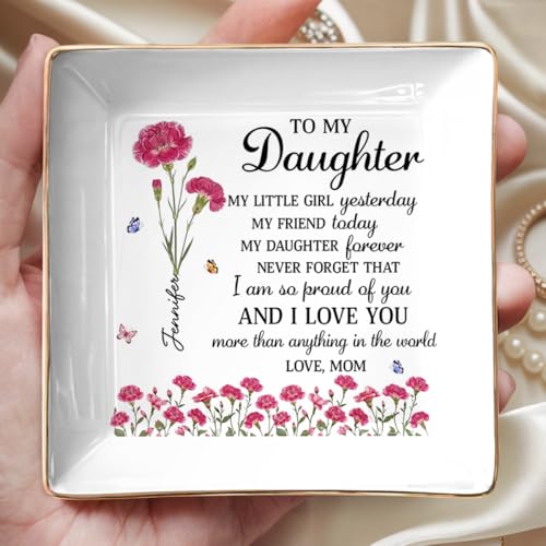 To My Daughter Jewelry Dish, Custom Jewelry Tray for Mothers Day, Daughter Gifts from Mom, Ceramic Ring Dish with Birth Month Flower, 1st Mother's Day Birthday Gifts for Daughters - color: Style 5