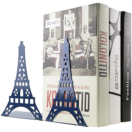 One Pair Creative Paris Eiffel Tower Book Organizer Metal Bookends for Kids School Library Desk Study Home Office Decoration Gift (Blue) - color: Blue