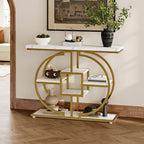 GiftGo Narrow Console Table for Entryway Industrial 4-Tier Sofa Table Behind Couch with Circle Base Rustic Wooden Accent Tables with Storage Shelves for Living Room, Hallway, Foyer (Gold and White) - color: Gold and White