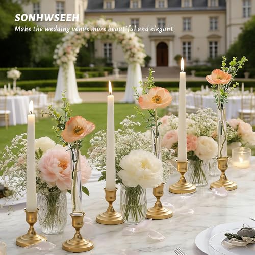 10 PCS 7.9” Acrylic Vase Cylinder Bud Vase for Taper Candlesticks, Flower Vase with Silicon Rubber and 10 Ribbon Case Fit in Candle Holders Size 20-22mm, Create Floral for Tablescapes, Home Decor
