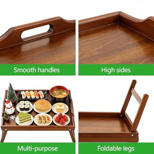 2 Pack Bed Tray Table Breakfast Trays Serving Tray Bamboo Bed Laptap with Floding Legs Handles and Phone Holders - style: 2 pack(Walnut)