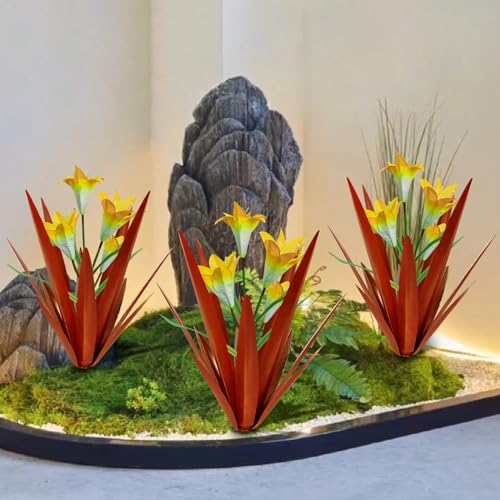 Homight Metal Agave Plant Outdoor Decoration Lily Mexican Yard Art Garden Gift Home Decor Hand Painted Metal Agave Garden Yard Statue, Outdoor Lawn Ornaments(3 Big Yellow Lilies) - color: 3 Big Yellow Lilies