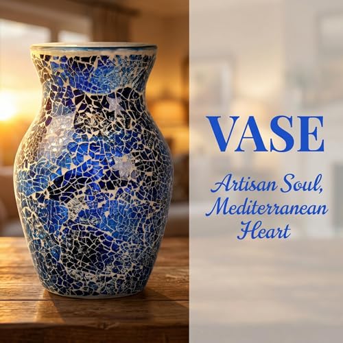 8" Deep Blue Mosaic Vase, Klein Blue Glass Flower Vase with Silver Wave Crest Design, Hand-Pasted Ocean Art Centerpiece for Modern Home, Living Room & Office - color: Blue