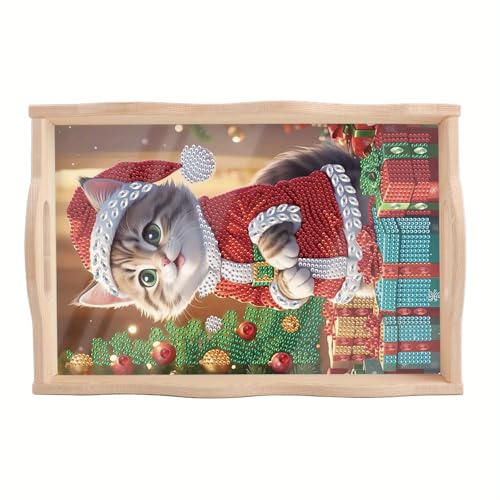 Tontut DIY Diamond Art Tray Wooden Pallet Kits, Christmas Gift Kitten 5D Cartoon Handle Craft Painting kit, Suitable for Home, Party, bar, Christmas, can be Given as a Gift to Relatives, Friends - color: Christmas Cat