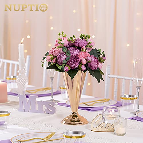 10 Pcs Tabletop Metal Wedding Flower Trumpet Vase, 9.8 inch Table Decorative Centerpiece Artificial Flower Arrangements for Anniversary Ceremony Party Birthday Event Aisle Home Decoration, Gold - color: Gold, size: 9.8 inch x 10 Pcs