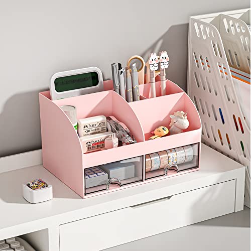 COMFYROOM Desk Organizer with 6 Compartments and 2 Drawers, Plastic Makeup Organizer, Pen Holder for Desktop Storage, Desk Organization for School, Home, Office Supplies (Pink) - color: Pink