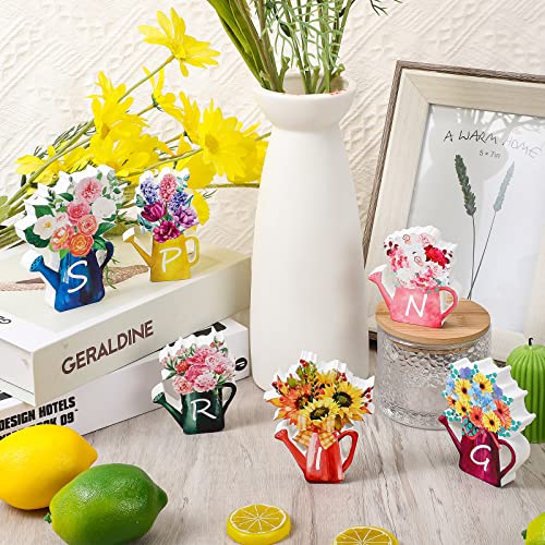 Yookeer 6 Pcs Spring Wooden Signs Decor Wood Tabletop Spring Flowers Tiered Tray Decorations Watering Can Table Centerpiece Wall for Home Office Farmhouse Tabletop