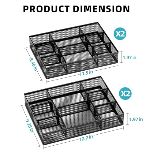 Marbrasse 2 Pack Desk Drawer Organizer, Mesh Drawer Organizer Tray with 8 Adjustable Compartments, Desk Organizers and Accessories, 5 Dividers Drawer for Office Supplies, Makeup & Vanity (Black-2P) - color: Black-4P