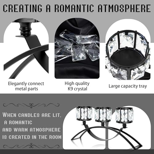 4 Pcs 3-Arm Crystal Tealight Candle Holders, Elegant Metal Arch Candlestick Centerpiece for Wedding, Party, Dining Room Table Decorations, Anniversary (4, Black-3 Arm) - size: Black-3 Arm