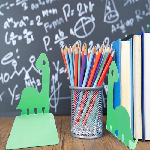 Artkingdome Cartoon Dinosaur Bookends, Book Ends Racks Stand, Nonskid Slip Dino Reading Room Decor, Metal Bookends, Decorative Gift - color: Light Green