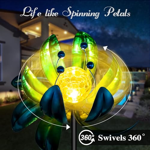 Solar Garden Lights Metal Flower Decor, Colorful Spinning Windmill Lotus Pathway Ligths with LED Cracked Crystal Ball Outdoor Decorative Stake Lighting Waterproof Flower Sculpture for Patio Yard - color: Multicolor