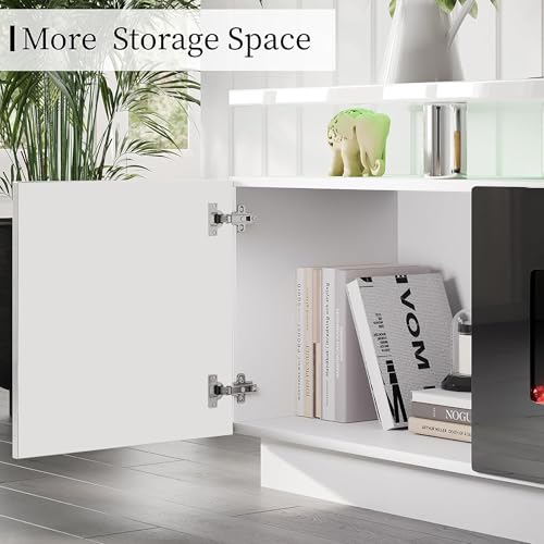 AMERLIFE Fireplace TV Stand with 40" Fireplace, 80" Modern Fireplace Entertainment Center LED Lights, 2 Tier TV Console Cabinet for TVs Up to 90", Ivory White - color: White & Black, size: 80"