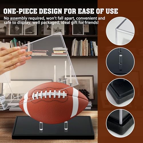 Football Display Case, Acrylic Football Case Display Clear, UV Protected Memorabilia Holder, Football Stand for Autographed, No Assembly Required