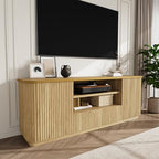 QUW 70" Fluted TV Stand for TVs Up to 80", Modern Entertainment Center with 2 Drawers & Cabinets, TV Console with Curved Profile Design, Luxury Wooden Media Console for Living Room, Natural Oak - color: Natural Oak